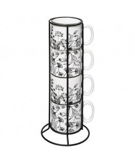 PIECES Keraminiai puodeliai ant stovo FLORAL, 240 ml, 4 vnt