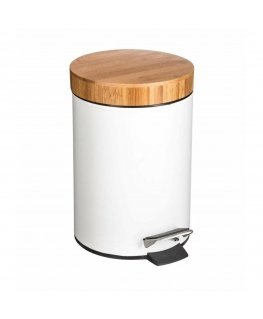 5five Simply Smart DUSTBIN pedalo šiukšliadėžė su bambuko dangteliu - metalas, bambukas, baltos spalvos, 21 x 26 cm