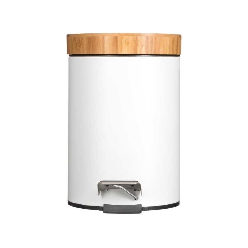 5five Simply Smart DUSTBIN pedalo šiukšliadėžė su bambuko dangteliu - metalas, bambukas, baltos spalvos, 21 x 26 cm – 5
