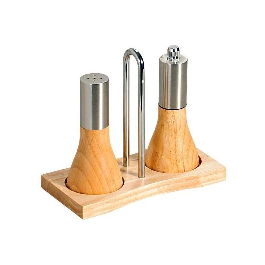 Salt shaker and pepper shaker, built on a wooden base, KESPER