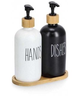 Zeller Skysčių ir muilo dozatorių rinkinys su bambukiniu stovu, 2 x 500 ml