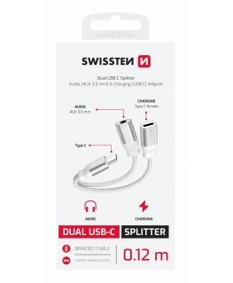 Swissten Textile USB-C / USB-C / Aux 3.5mm Charging Audio Adapter 0.12m