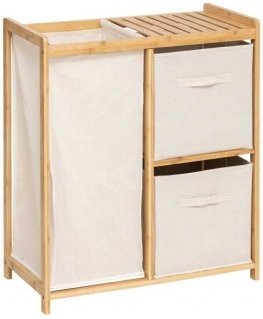 Bamboo „Tidy Box“ lentyna su 1 skalbinių krepšeliu ir 2 smėlio spalvos bambuko krepšeliais.
