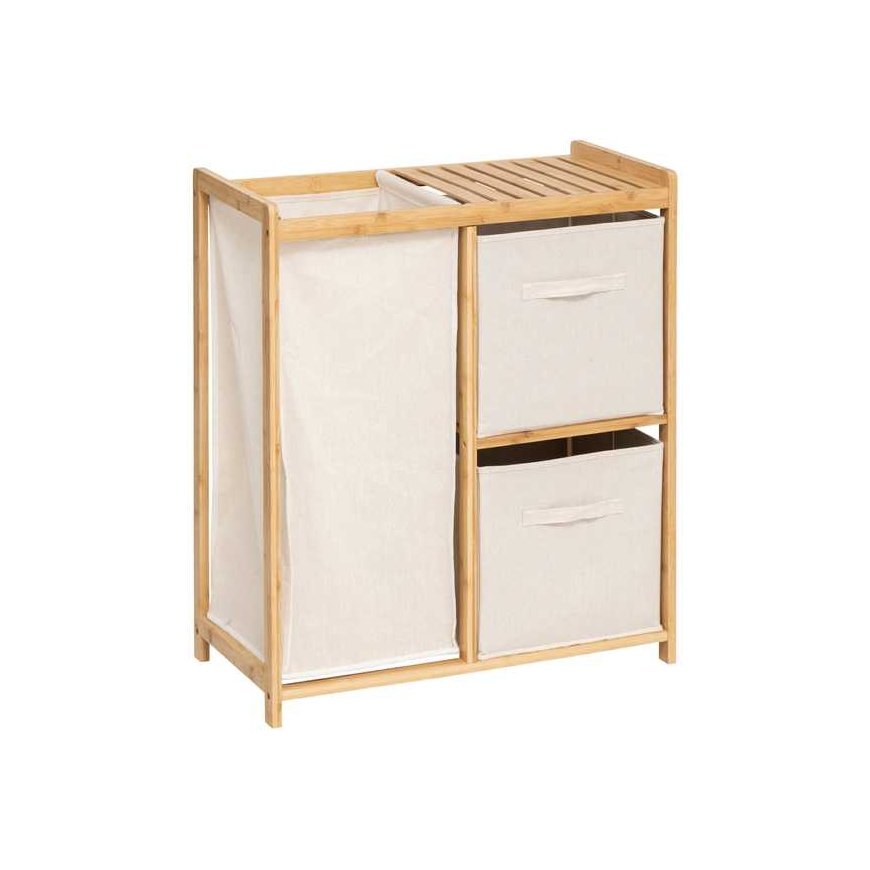 Bamboo Tidy Box shelf with 1 laundry basket and 2 beige bamboo baskets.