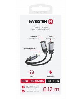Swissten Textile Lightning Audio Charging Adapter 2x Lightning 0.12m