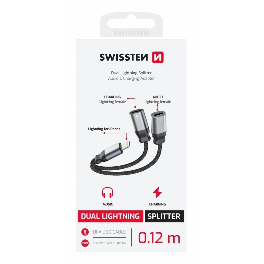 Swissten Textile Lightning Audio Charging Adapter 2x Lightning 0.12m