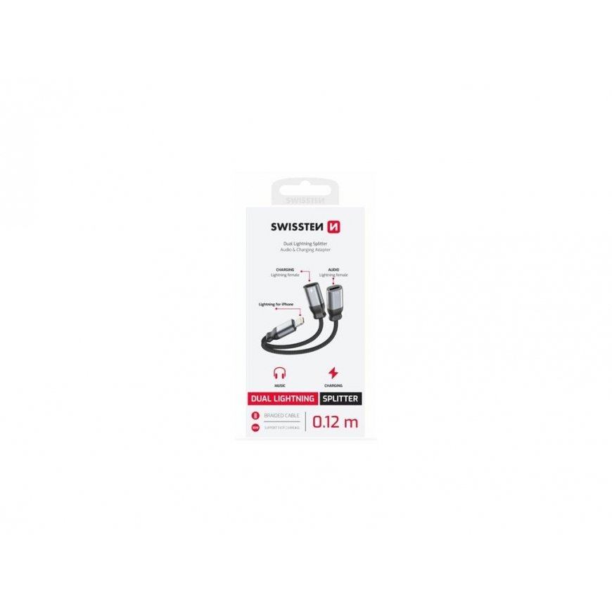 Swissten Textile Lightning Audio Charging Adapter 2x Lightning 0.12m – 2
