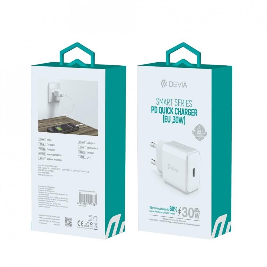 Devia langallinen laturi Smart PD GaN 30W 1x USB-C 1xUSB valkoinen – 3