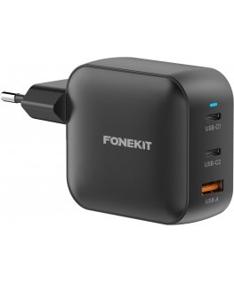 FoneKit GaN PD 100W -verkkovirtalaturi, USB-C + USB-C + USB-A, musta