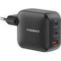 FoneKit GaN PD 100W -verkkovirtalaturi, USB-C + USB-C + USB-A, musta FoneKit GaN PD 100W -verkkovirtalaturi, USB-C + USB-C + USB-A, musta