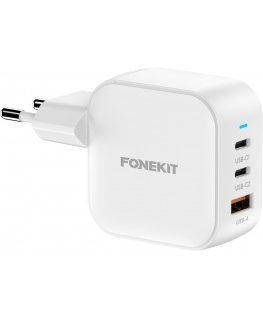 FoneKit GaN PD 70W kintamosios srovės adapteris, USB-C + USB-C + USB-A, baltas