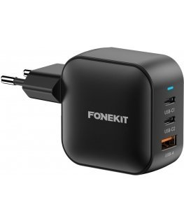 FoneKit GaN PD 70W AC power adapter, USB-C + USB-C + USB-A, black