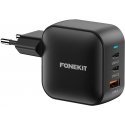 FoneKit GaN PD 70W -verkkovirtalaturi, USB-C + USB-C + USB-A, musta FoneKit GaN PD 70W -verkkovirtalaturi, USB-C + USB-C + USB-A, musta
