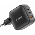 FoneKit GaN PD 70W kintamosios srovės adapteris, USB-C + USB-C + USB-A, juodas FoneKit GaN PD 70W kintamosios srovės adapteris, USB-C + USB-C + USB-A, juodas