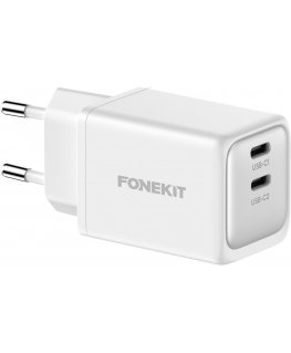 FoneKit GaN PD 48W kintamosios srovės adapteris, USB-C + USB-C, baltas