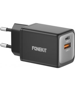FoneKit GaN PD 48W AC power adapter, USB-C + USB-A, black