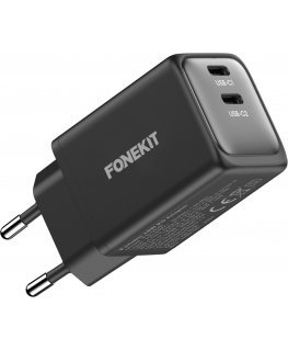 FoneKit GaN PD 48W AC power adapter, USB-C + USB-C, black