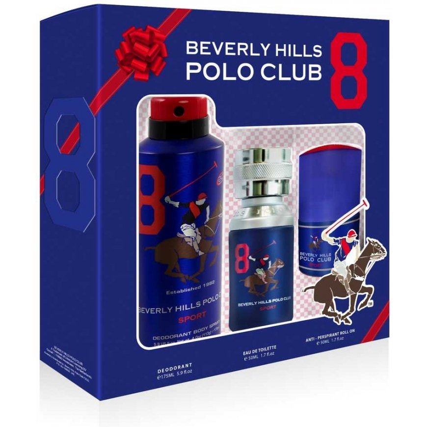 BEVERLY HILLS Polo Club Sport No. 8 lahjasetti toalettivesi 50 ml + deodorantti 175 ml + 50 ml + roll-on antiperspirantti 50 ml