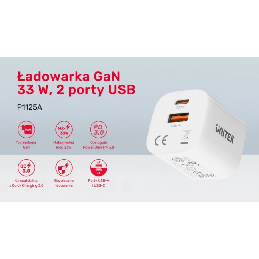 Ładowarka sieciowa 1x USB-A 1x USB-C QC 33W biała