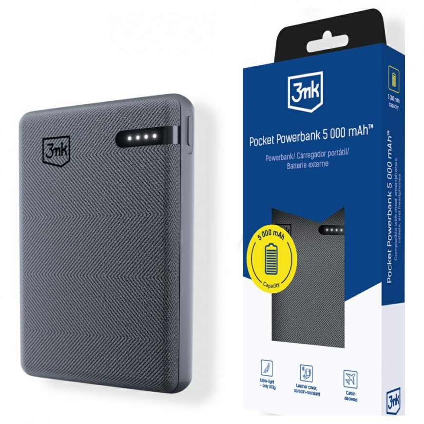 3mk Pocket Powerbank 5000 mAh 12W USB 1C grey