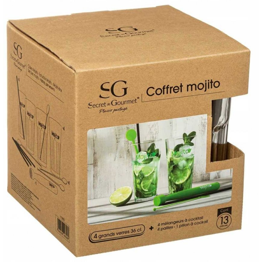 Secret De Gourmet Mojito rinkinys 13 vnt kokteilių taurės 330 ml Muddler maišytuvo šiaudeliai – 5