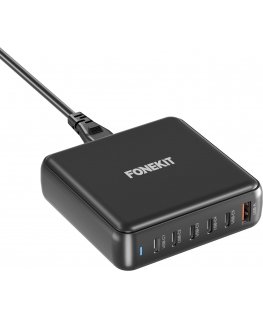 FoneKit GaN PD 200W AC power adapter, USB-A + 5 x USB-C, black