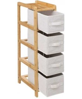 Bamboo TIDY siauras bambukinis stelažas su 4 medžiaginiais krepšeliais, aukštis 78,5 cm