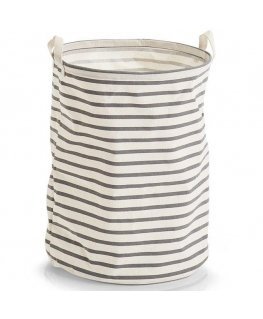 Practical laundry basket, foldable, two carrying handles, 100% cotton, white with gray horizontal stripes, Zeller brand