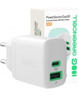 Green Cell Greencell PowerSource Duo30 Bia³a £adowarka jungiama į tinklą 30W USB-C USB-A Maitinimo tiekimas QC3.0- 1x USB-C, 1x 
