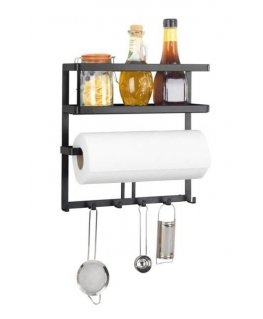 Multifunctional kitchen shelf GALA with paper towel holder and hooks, black, WENKO