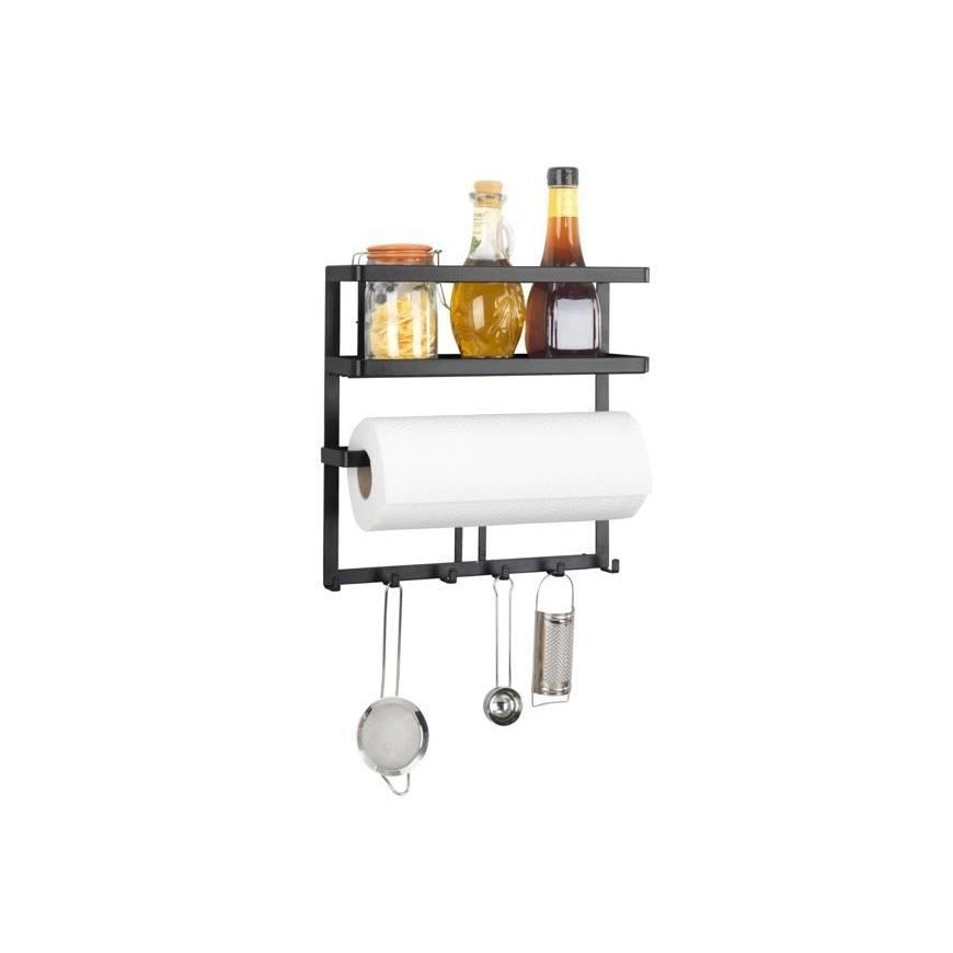 Multifunctional kitchen shelf GALA with paper towel holder and hooks, black, WENKO