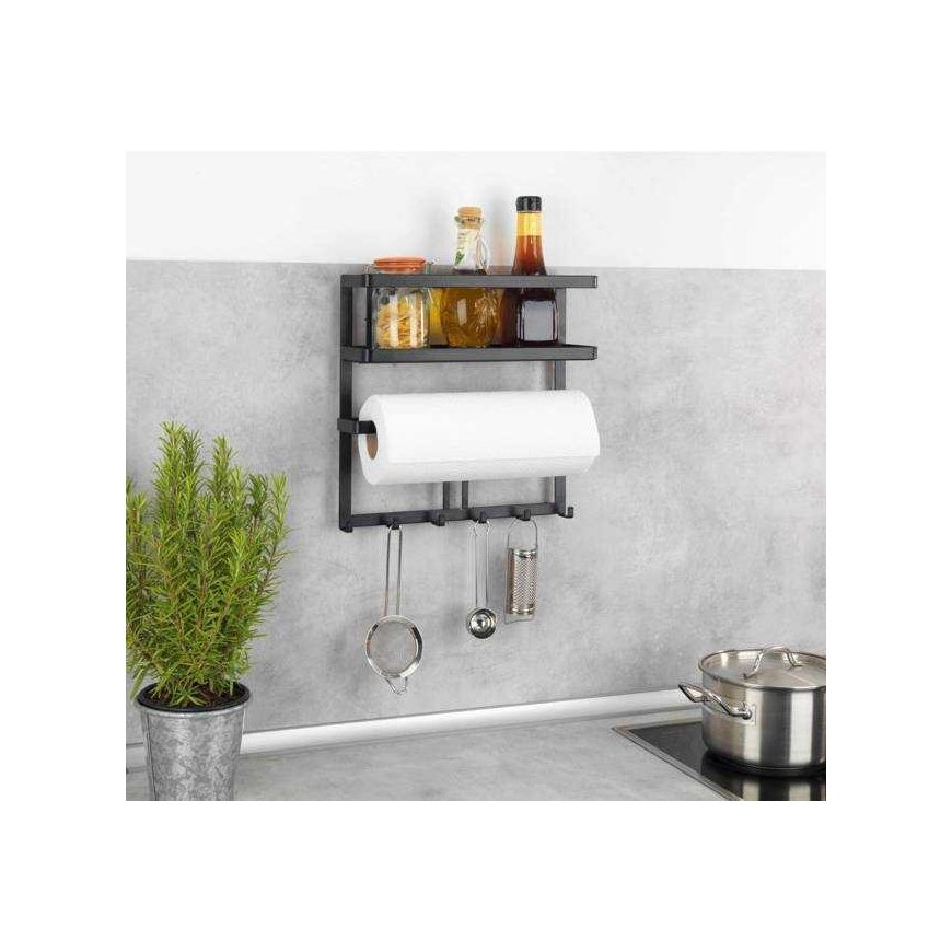 Multifunctional kitchen shelf GALA with paper towel holder and hooks, black, WENKO – 3