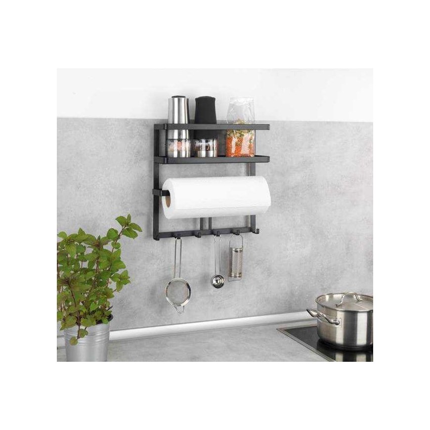 Multifunctional kitchen shelf GALA with paper towel holder and hooks, black, WENKO – 4