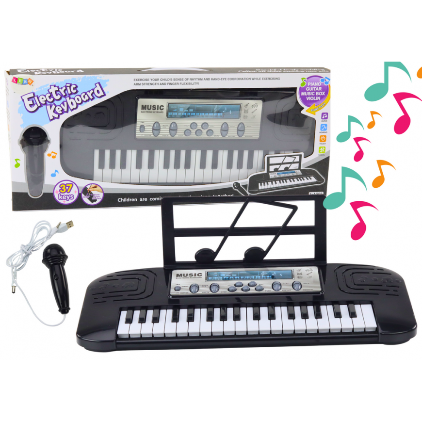 Lean Toys Electric Piano for Kids, Microphone Stand, Black