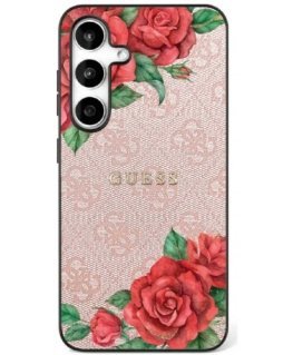 Case Guess Leather 4G Flowers Print Metal Classic Logo MagSafe Samsung Galaxy S25 pink