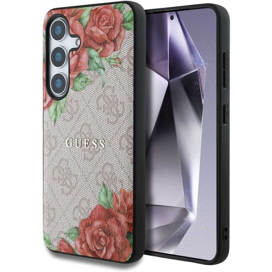 Dėklas Guess Leather 4G Flowers Print Metal Classic Logo MagSafe Samsung Galaxy S25 rožinis – 3
