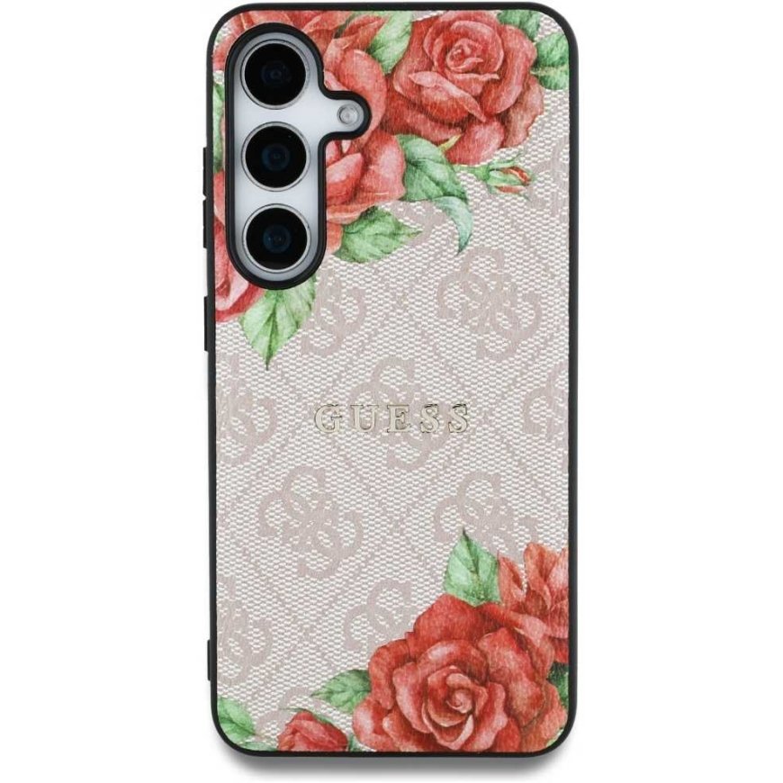 Case Guess Leather 4G Flowers Print Metal Classic Logo MagSafe Samsung Galaxy S25 pinkki – 5