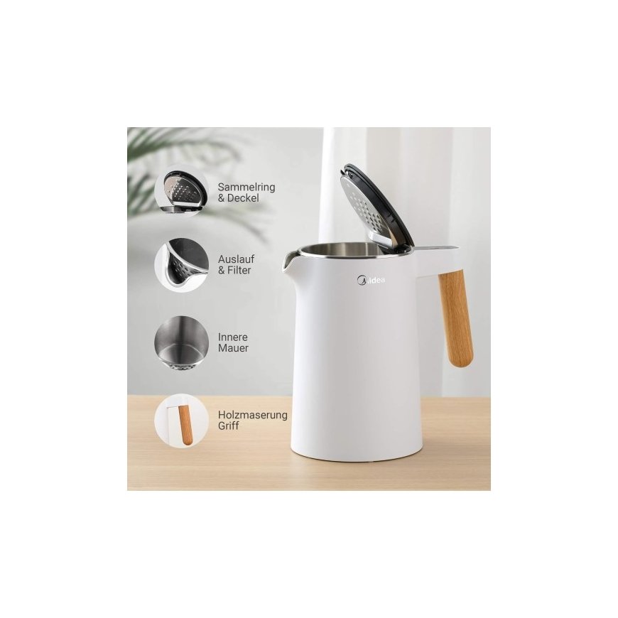 Midea Stainless Steel Kettle with Temperature Adjustment, 1.5 Liter, 2200W, White