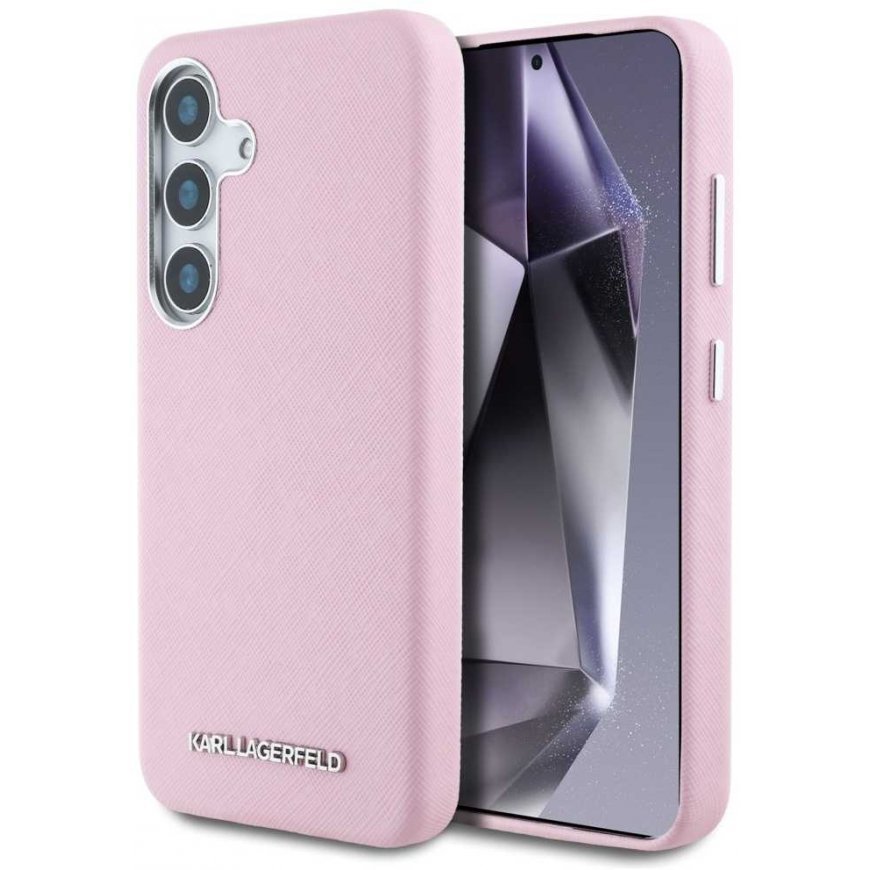 Karl Lagerfeld Saffiano Full Wrapped Elongated Metal Logo MagSafe Case for Samsung Galaxy S25+ pink