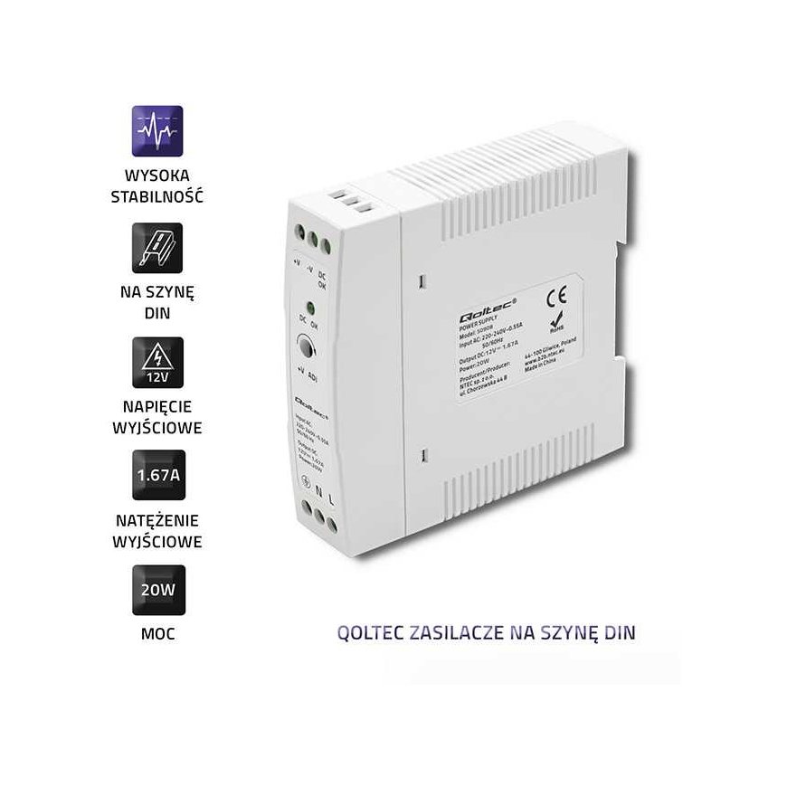 Qoltec Maitinimo šaltinis na szynę DIN | 20W | 12V | 1.67A | Baltas | Slim – 3
