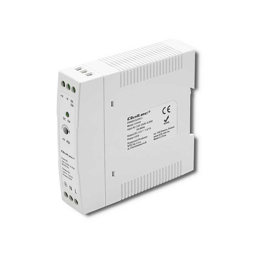 Qoltec DIN rail power supply | 20W | 12V | 1.67A | White | Slim – 5