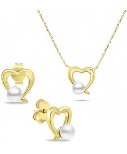 Brilio Silver Romantic gold-plated pearl jewelry set SET234Y (earrings, necklace)