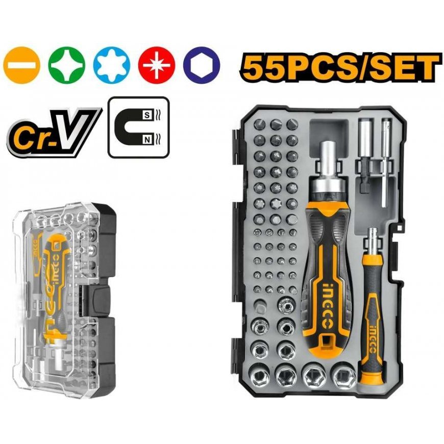 Ingco HKSDB0558 Screwdriver ratchet + bits set 55pcs CrV – 2