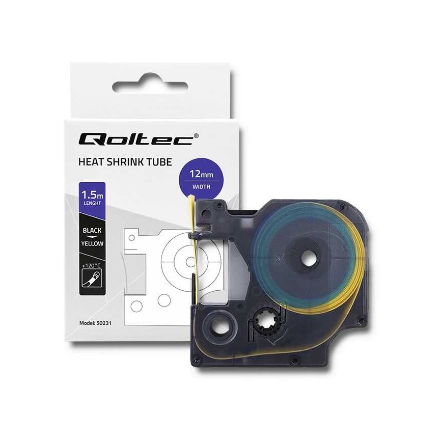 QOLTEC 50231 Kutisteputki DYMO D1/DM1:lle 12mm x 1,5m Keltainen musta päällepainatus – 5