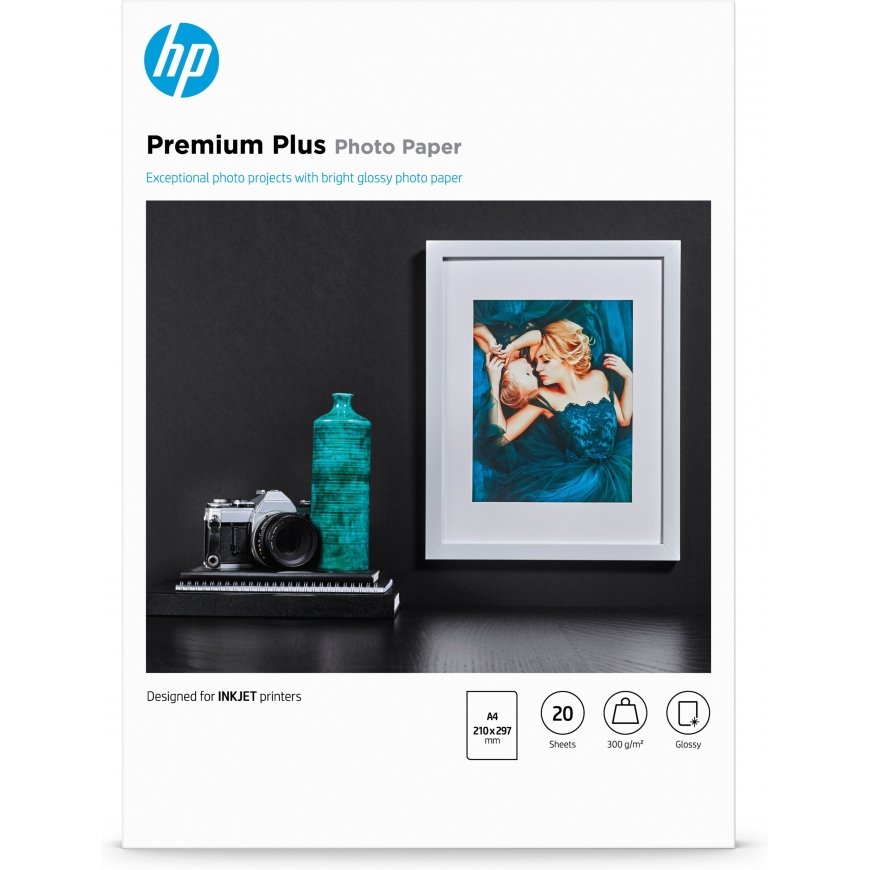 HP :n kiiltävä Premium Plus -valokuvapaperi, 20 arkkia, A4-koko, 210 × 297 mm