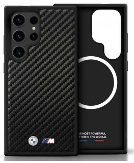 Dėklas BMW Leather Carbon MagSafe Samsung Galaxy S25 Ultra juodos spalvos