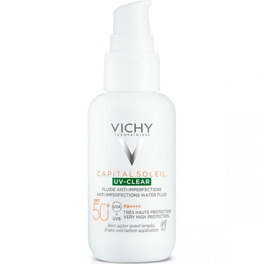Vichy "Capital Soleil Uv Clear Fluide Anti Imperfections Spf50+" riebios odos apsauginis kremas nuo saulės su salicilo rūgštimi