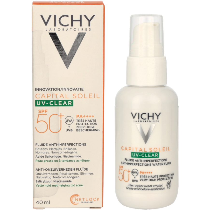 Vichy "Capital Soleil Uv Clear Fluide Anti Imperfections Spf50+" aurinkovoide rasvaiselle iholle salisyylihapolla 40 ml – 3