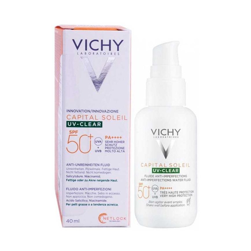 Vichy "Capital Soleil Uv Clear Fluide Anti Imperfections Spf50+" aurinkovoide rasvaiselle iholle salisyylihapolla 40 ml – 4