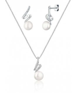 Jwl Luxury Pearls Tyylikäs korusetti aidolla helmillä ja zirkoneilla JL0746 (ketju, riipus, korvakorut)